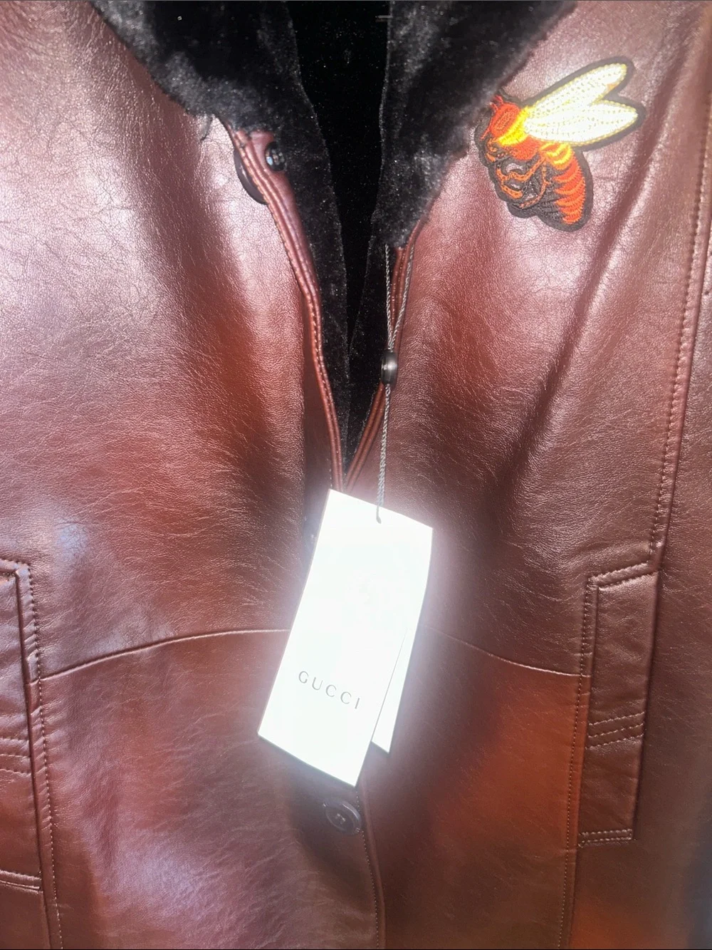 Gucci Brown Leather Bomber Jacket with Black Shearling Collar